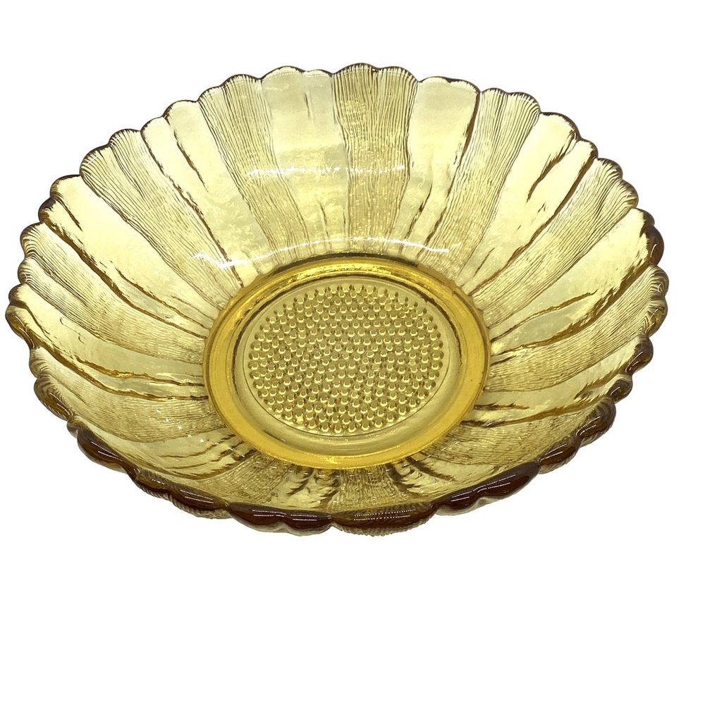 Vintage Anchor Hocking 10" Glass Bowl Country Garden Honey Gold Daisy Sunflower